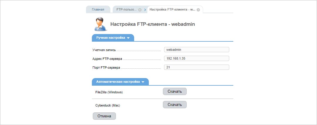 Просмотр параметров FTP-соединения в панели ISPmanager