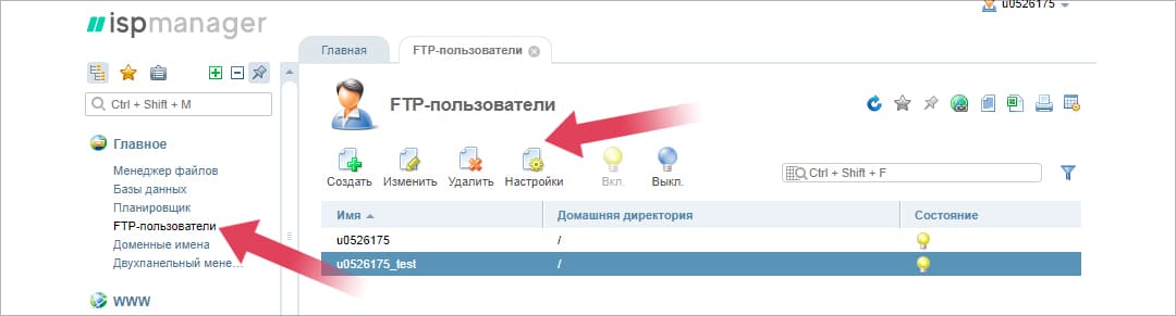 Провайдер Reg.ru, панель управления ISPmanager, раздел “FTP-пользователи”.