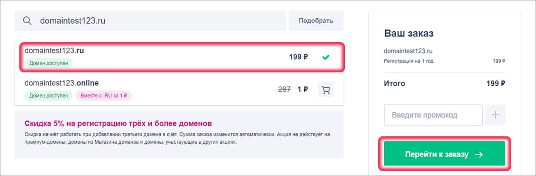 Регистрация выбранного домена на Reg.ru