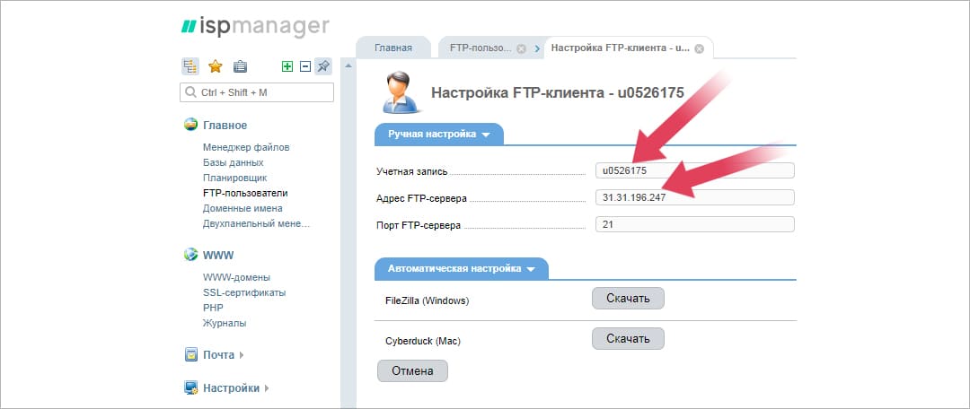 Параметры для доступа по FTP в ISPmanager