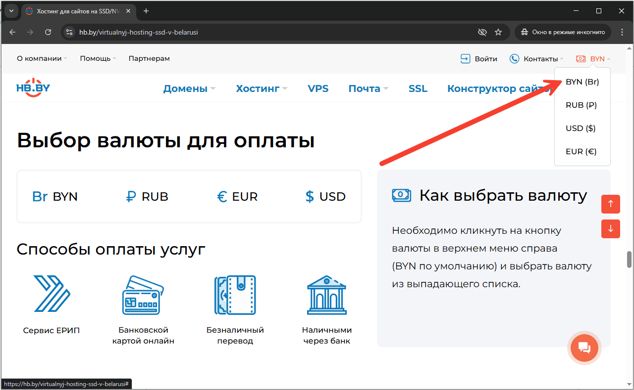 Выбор валюты для оплаты